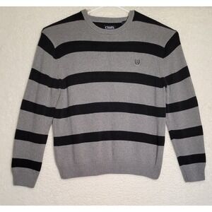 Chaps Sweater Men's Large Gray Black Striped Long Sleeve Pullover‎ Rugby 0471
